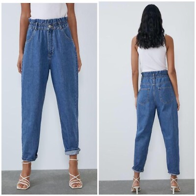 6/5まで ZARA HIGH WAIST ZW PAPERBAG デニムパンツ Zara Baggy Paper Bag Jeans High Waisted Elastic Waistband Blue 100