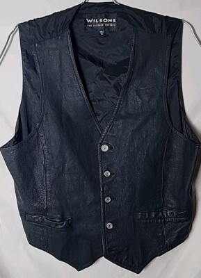 Wilsons Men XL The Leather Experts Black Leather Waistcoat Leather Vest Button