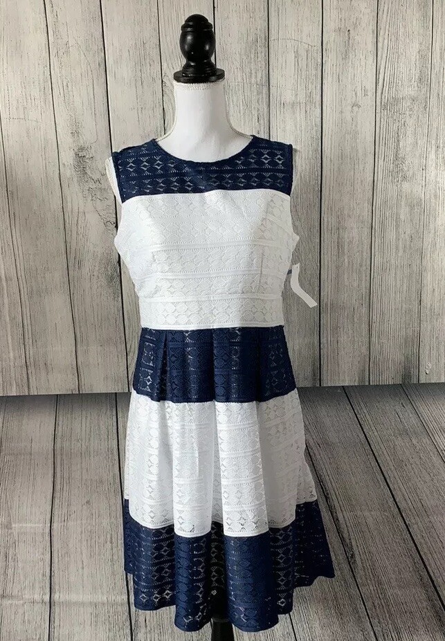 NWT. Womens Studio One Fit & Flare Dress White Navy Size 4 | eBay