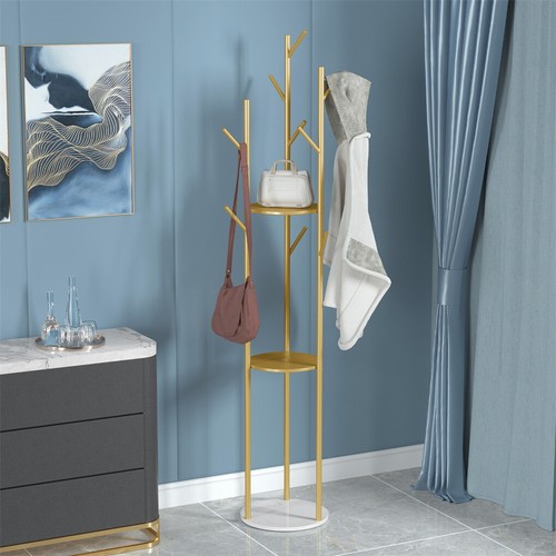 Metal Coat Rack Stand w 3 Tiers Shelves 9 Hooks Hall Tree Marble Base Gold Frame - Picture 3 of 12
