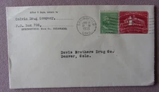 1939 Envelope Colvin Drug Co Springfield Colorado to Davis Brothers Drugs Denver