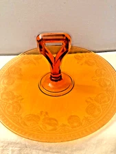 Vintage Amber Glass Tidbit Tray Etched Round Center Handle Decorative Pattern