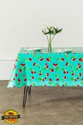 First Choice Vinyls Cherries Aqua Oilcloth Tablecloth 55x90''