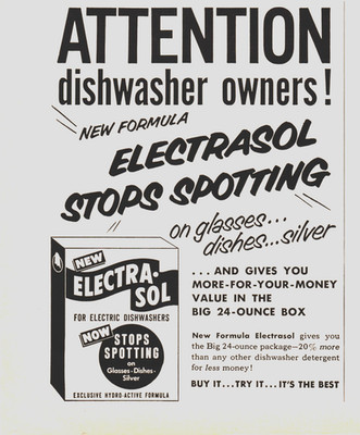 New Electrasol Dishwasher Detergent Kitchen Cleaning Art 1957 Print Ad 326