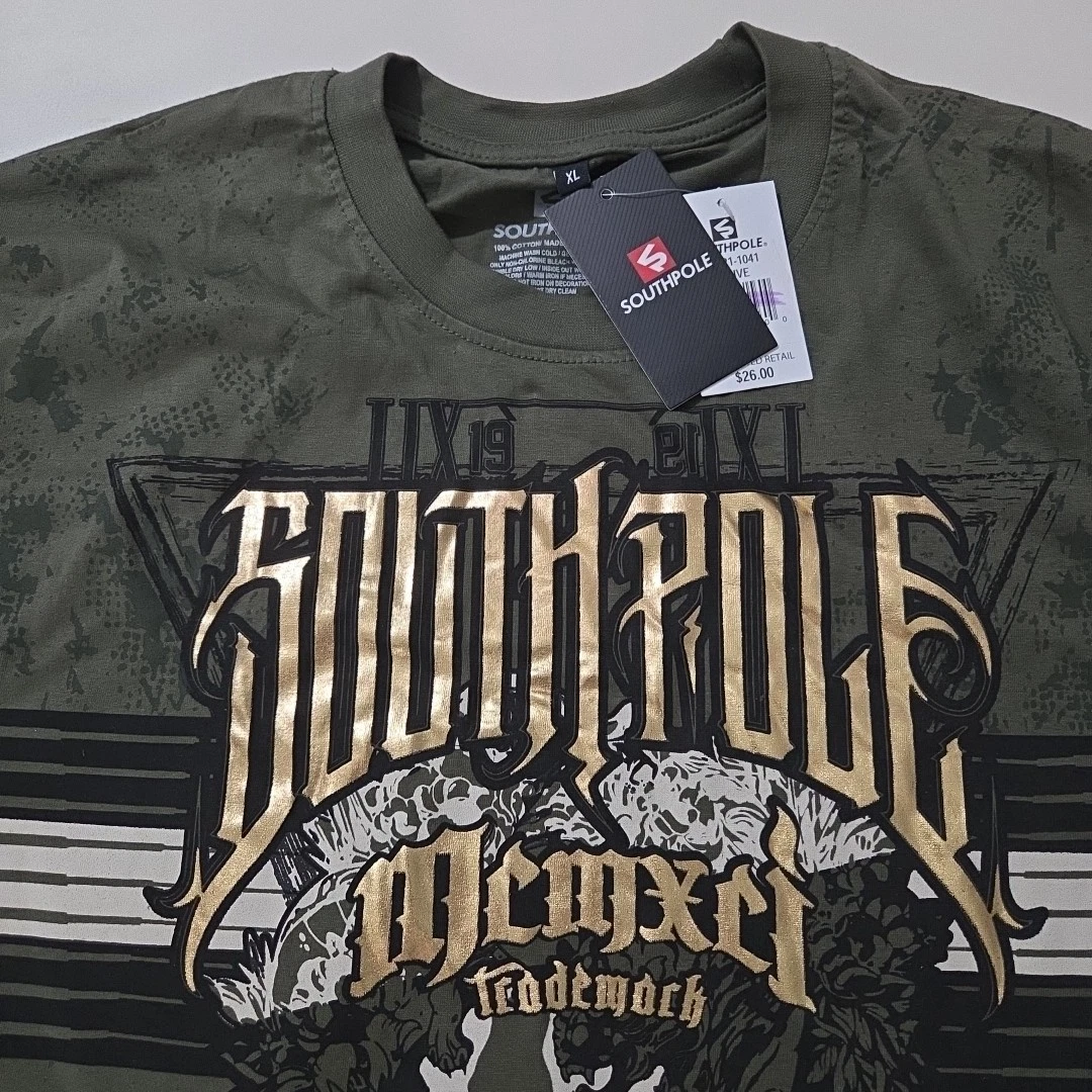 Mens XL Southpole T-Shirt 1991 Gold Foil Skull Graphics (R5)