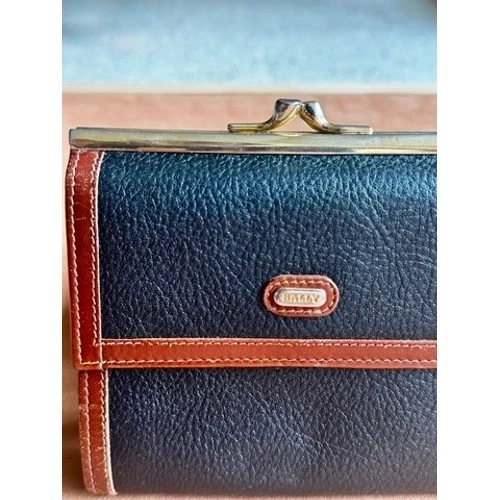 Cartera Monedero Bally Vintage Doble Plegable Cuero Marrón Negro Cierre Kisslock Foto 2 de 4