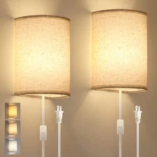 Plug-in Wall Sconce Set of Two Industrial Wall Lamp with Cord Beige Shade