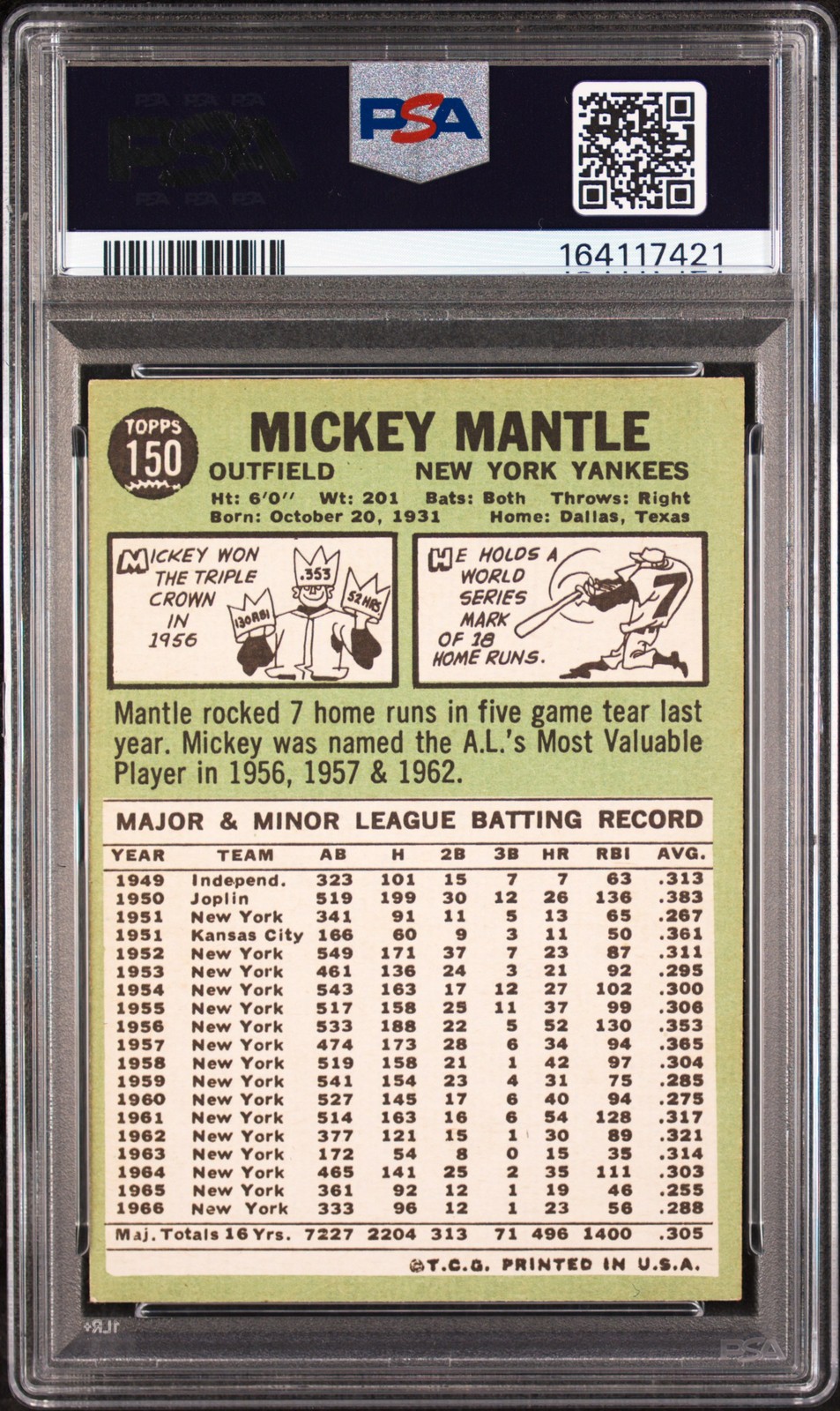 1967 TOPPS #150 MICKEY MANTLE PSA 5 view 2