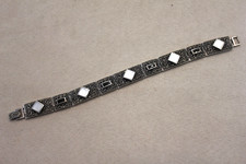 Antique 925 Sterling Bracelet with Mother of Pearl Onyx & Marcasites - 7.5