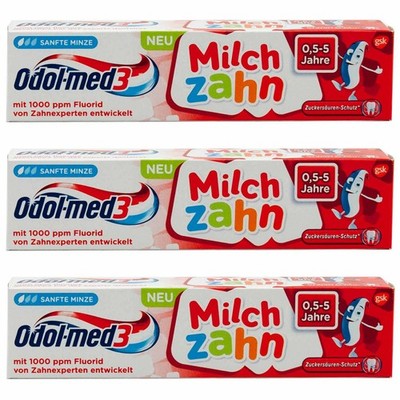 Odol med 3 MILCH ZAHN Zahnpasta 3x 50ml für Kinder 0,5- 5 Jahre -1000ppm Fluorid