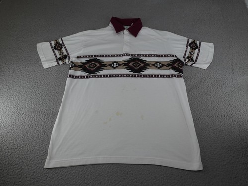 Vintage Aztec Polo Shirt Mens Large White Southwestern 90s Prairie Fire Western