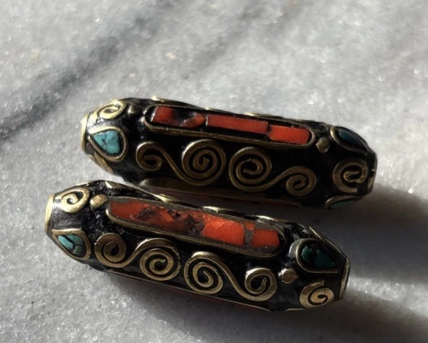 2pcs Tibetan Handmade Turquoise & Coral Brass Beads 34x11mm CC228 - Image 2 of 3