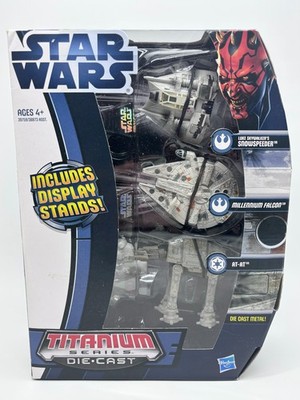 Star Wars Titanium Series 3-Pack Die Cast Ship Snowspeeder/Falcon/ATAT Set, New