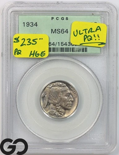 1934 Buffalo Nickel PCGS MS 64 ** Old Green Label, Strong FULL Strike!