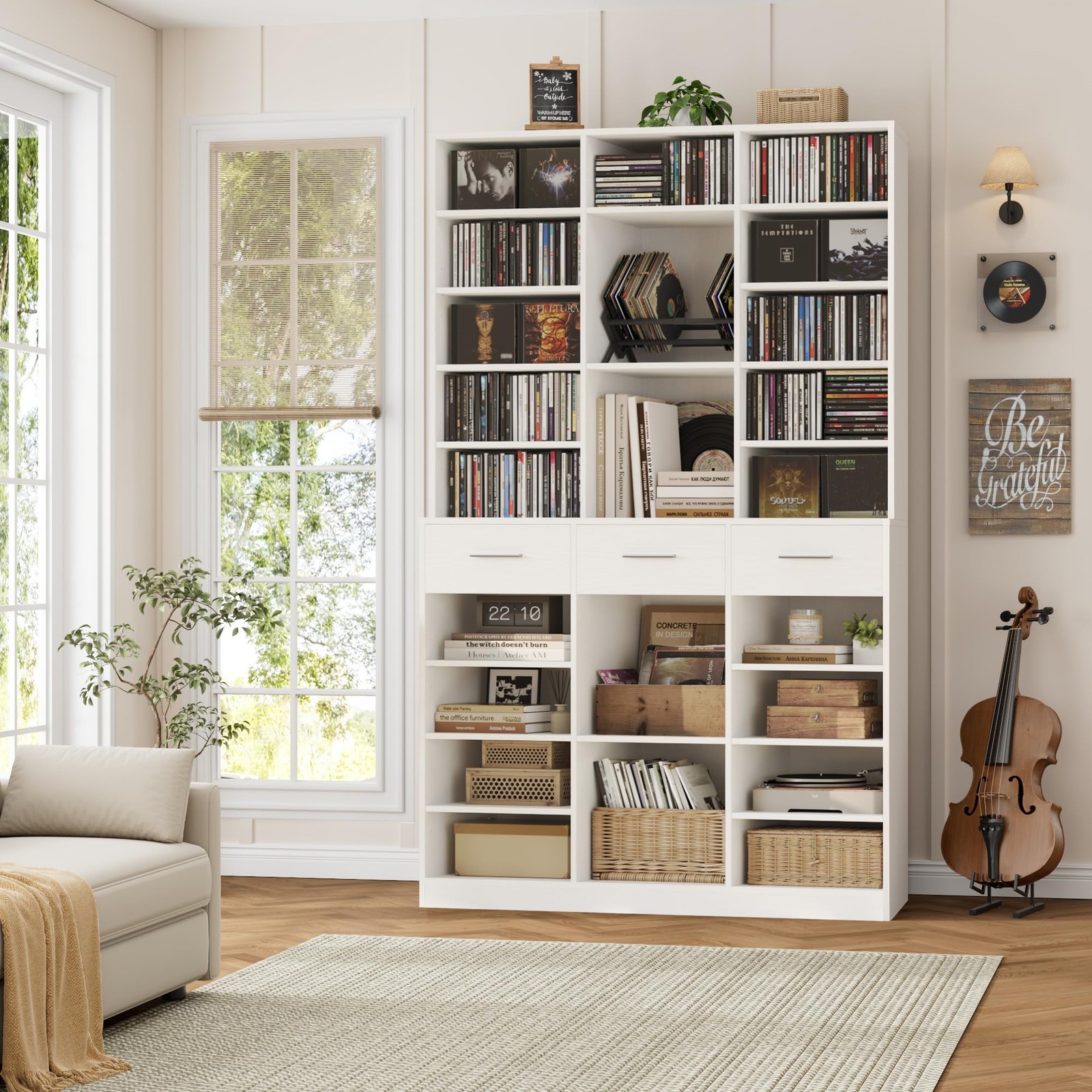 75 Inch Tall 47 Inch Wide Bookcase with Drawers Adjustable Shelves White