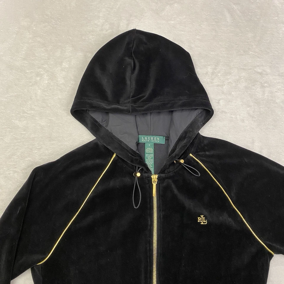 Ralph Lauren Mujer Negro Terciopelo Dorado Ribete Sudadera con Capucha Cremallera Completa Chaqueta de Pista Bolsillos Foto 2 de 4