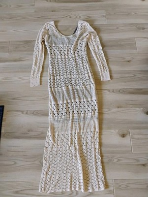 Mods International Crochet Maxi Dress Size XL Beach Boho Tan Beige Long Sleeve 
