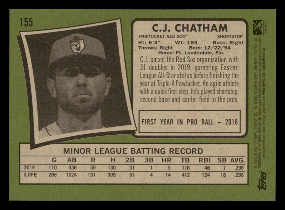 2020 Topps Heritage Minor League #155 C.J. Chatham Pawtucket Red Sox - Image 2 of 2
