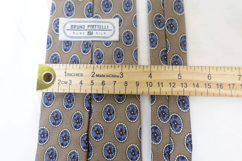 Corbata de seda Bruno Piattelli patrón medallón azul tostado vintage italiana Foto 3 de 4