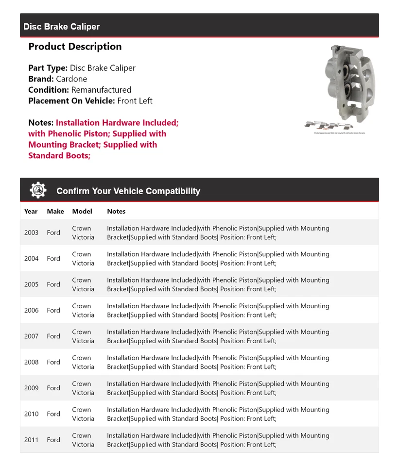 Pinza de freno de disco delantera izquierda cardone 2004 para Ford Crown Victoria 2003-2011 Foto 2 de 4