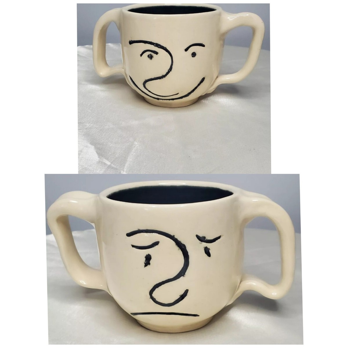 Unique Funky Artisan Pottery Coffee Mug Double Handle Abstract Face Happy Sad