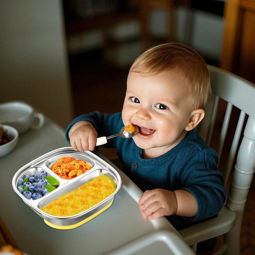 1x Stainless Steel Kids Plate Non-slip Divided Toddler Plate for Home School - Picture 8 of 12