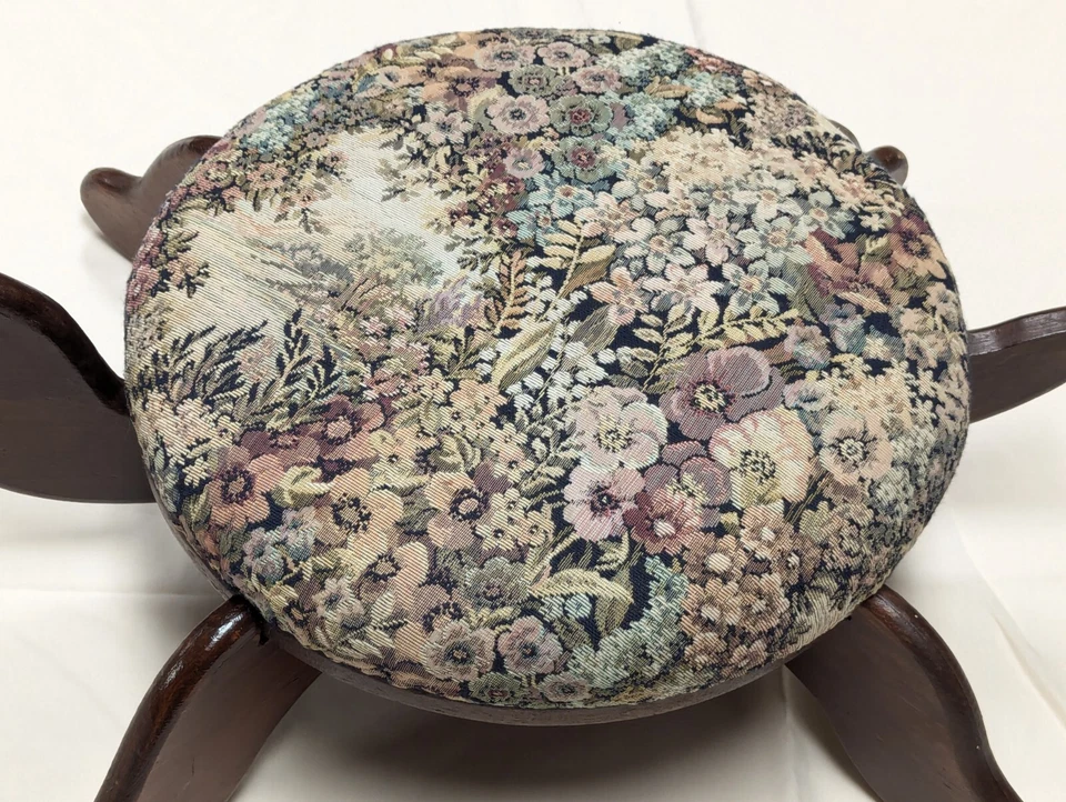 Vtg Turtle Foot Step Stool Large 70s Handmade Wood 27x9x18” Upholstered Tapestry - Image 3 of 4