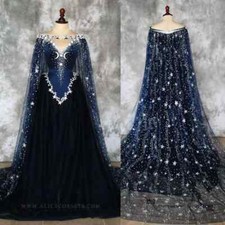 Sparkly Stars and Moon Navy Wedding Dresses with Cape V Neck Lace Bridal Gowns