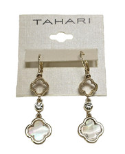 TAHARI WHITE MOTHER OF PEARL,CRYSTALS GOLD TONE CLOVER DANGLING,DROP EARRINGS