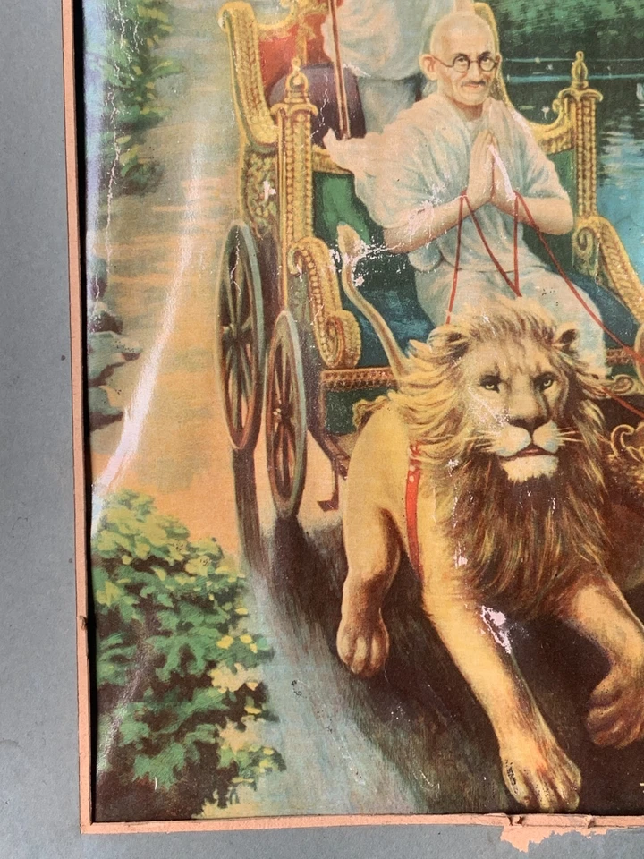 Impresión de carro de león de montar Jawaharlal Nehru y Mahatma Gandhi de colección enmarcada Foto 4 de 4