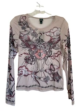 Wild Fable *NEW* Womens Cream Tattoo Print Sheer Long Sleeved Tee Sz M