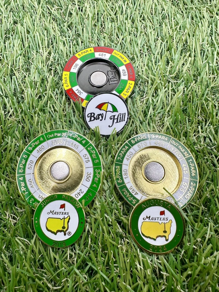 (3) RARE COLLECTIBLE MASTERS & BAY HILL MAGNETIC YARDAGE BALL MARKER COINS - 3pc