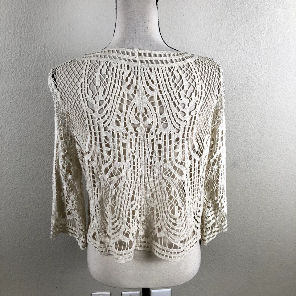 Camisa Ecote Mujer Pequeña Crema Algodón Abierta Crochet Tachonado Detalle Cuello Redondo Boho Foto 2 de 4