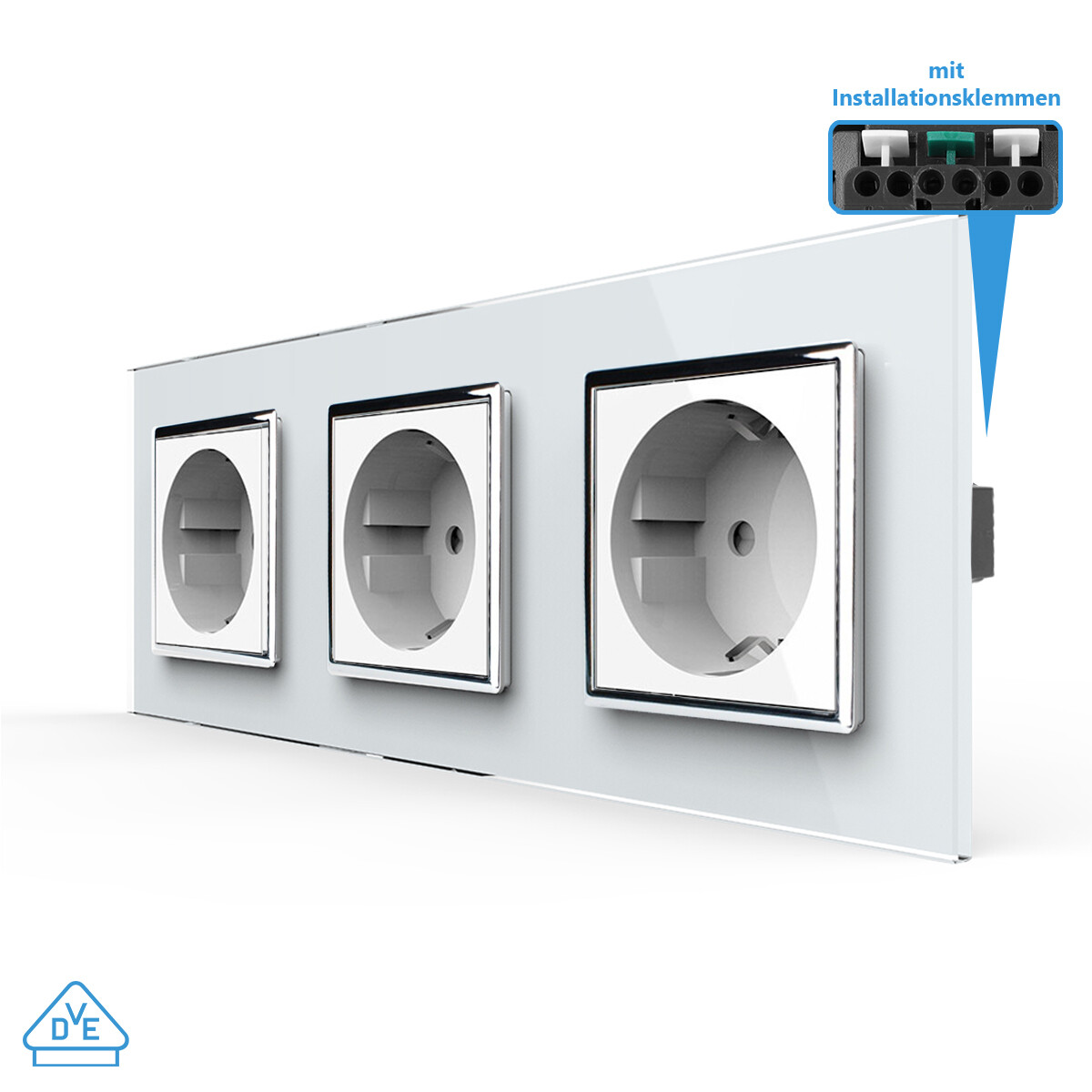 Glas Steckdosenrahmen EU-Standard – 3-fach, Weiß, Wasserdicht
