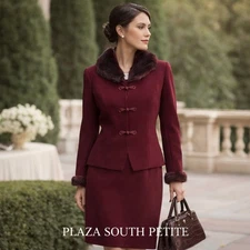 Plaza South Petite Burgundy Faux Fur Collar Suit Skirt Jacket Set Sz 12P Vintage