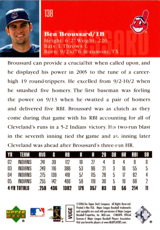 2006 Upper Deck Baseball Ben Broussard #138 - Image 2 of 2