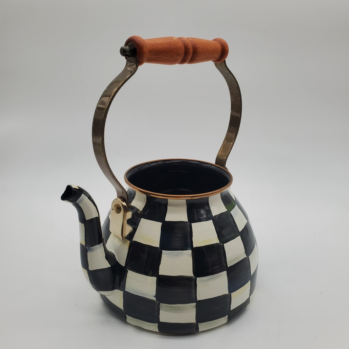Mackenzie Childs 2.5 Quart Tea Kettle Courtly Check Wooden Handle