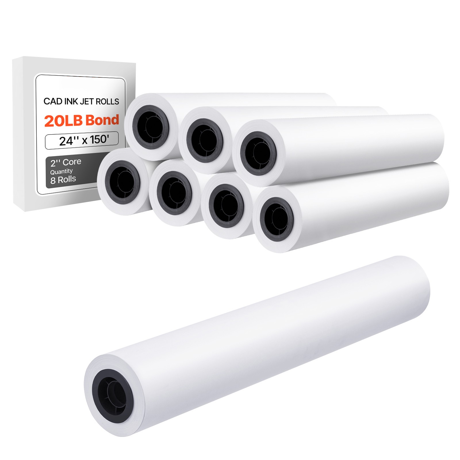 Uimoso Wide Format Plotter Paper, 8 Rolls, 24 in x 150 ft CAD Bond Paper