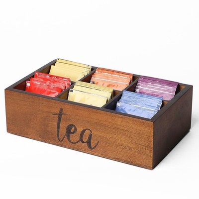 Acacia Wood Tea Bag Organizer Storage Container 6 Compartments Sugar Holder
