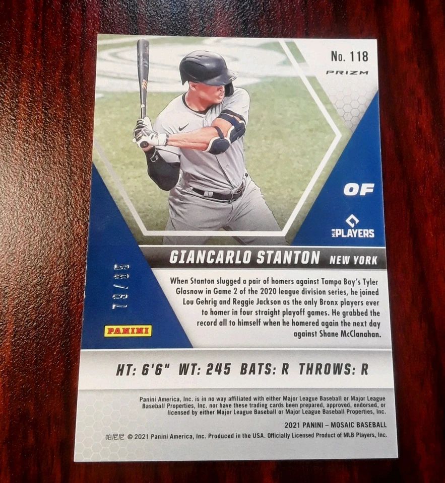 2021 Panini Mosaic Quick Pitch Blue Mosaic Prizm /85 Giancarlo Stanton #118 - Image 2 of 2