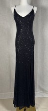 B Smart Sz 9 Black Sequin Maxi Dress High Slit V-Neck Spaghetti Strap Prom Gown
