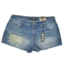 NEW Ed Hardy Women's Denim Cutoff Shorts Embroidered Tiger Script Y2K Size L
