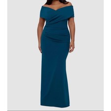 Betsy & Adam Womens Azure Off Shoulder Ruched Maxi Gown A25252W Teal 16W