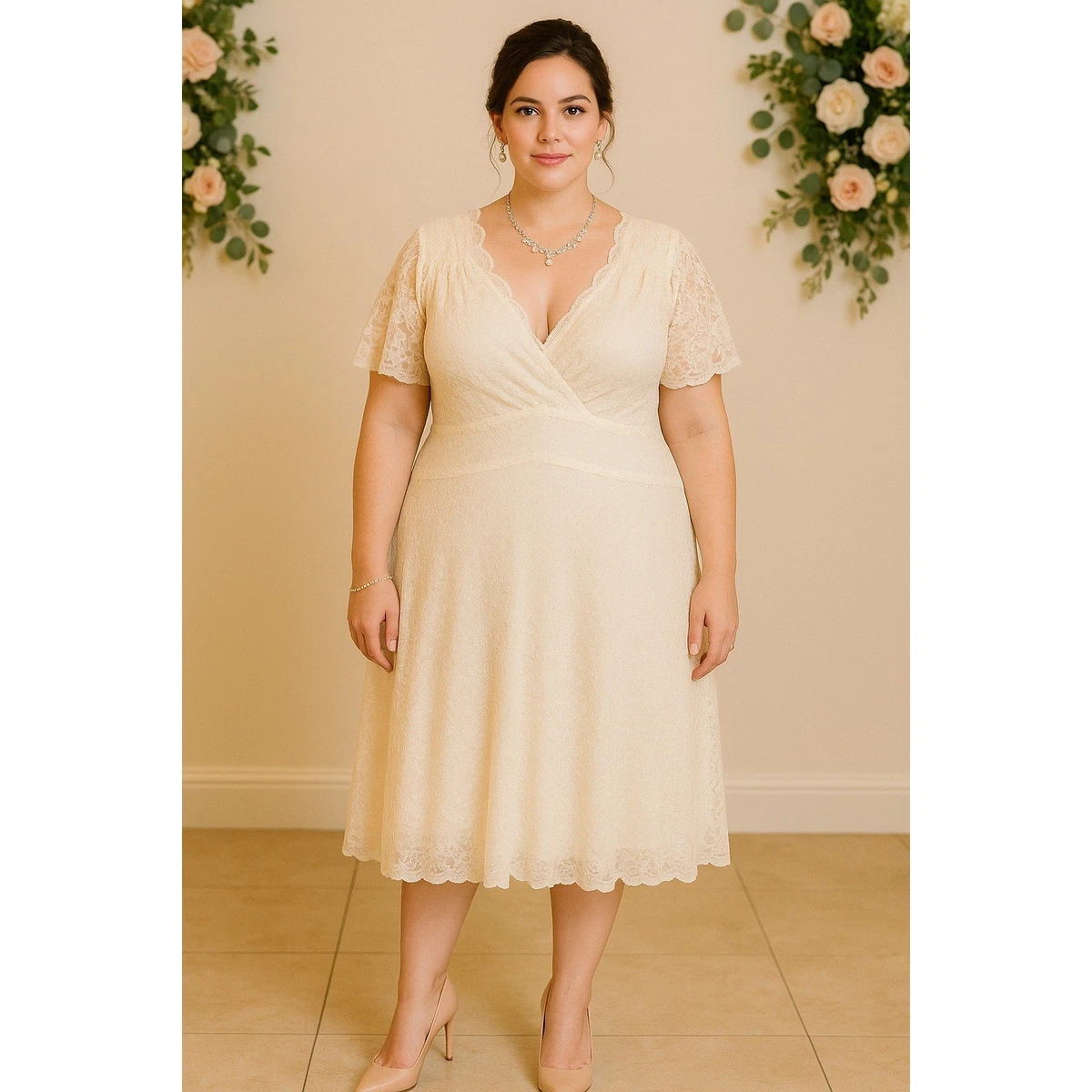 sachin and babi light blue dress Illusion Short Sleeve White Lace & Tulle Wedding Dress main image 1