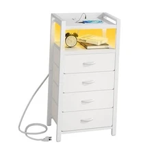  Night Stand with Charger Station & LED Light, Narrow Tall Dresser with 4 White