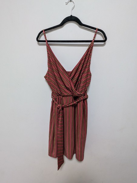 Tigerlily Size 14 Rust Red Stripe Mini Sun Dress Stretchy Tie Belt