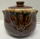 Hull Pottery USA Sugar Bowl Brown Drip Glaze Bicentennial Eagle Ovenproof 5x4”
