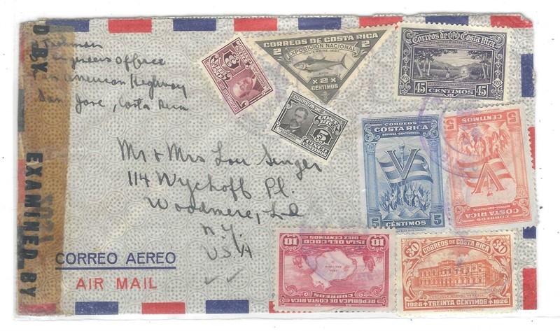 Costa Rica WWII Censor Cover to US, Colorful Mix, Map, Fish, Saint, Flag