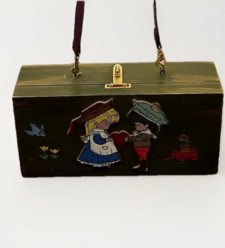 VTG Joan Walsh Anglund Style Wood Box Refurbished Pocketbook 60’s Red Adj. Strap - Image 4 of 4