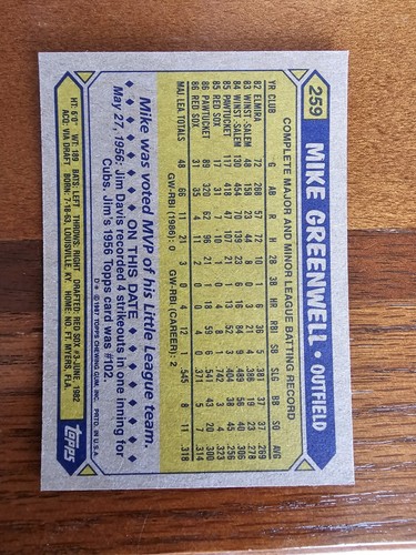 1987 Topps - #259 Mike Greenwell (RC) - Picture 2 of 2